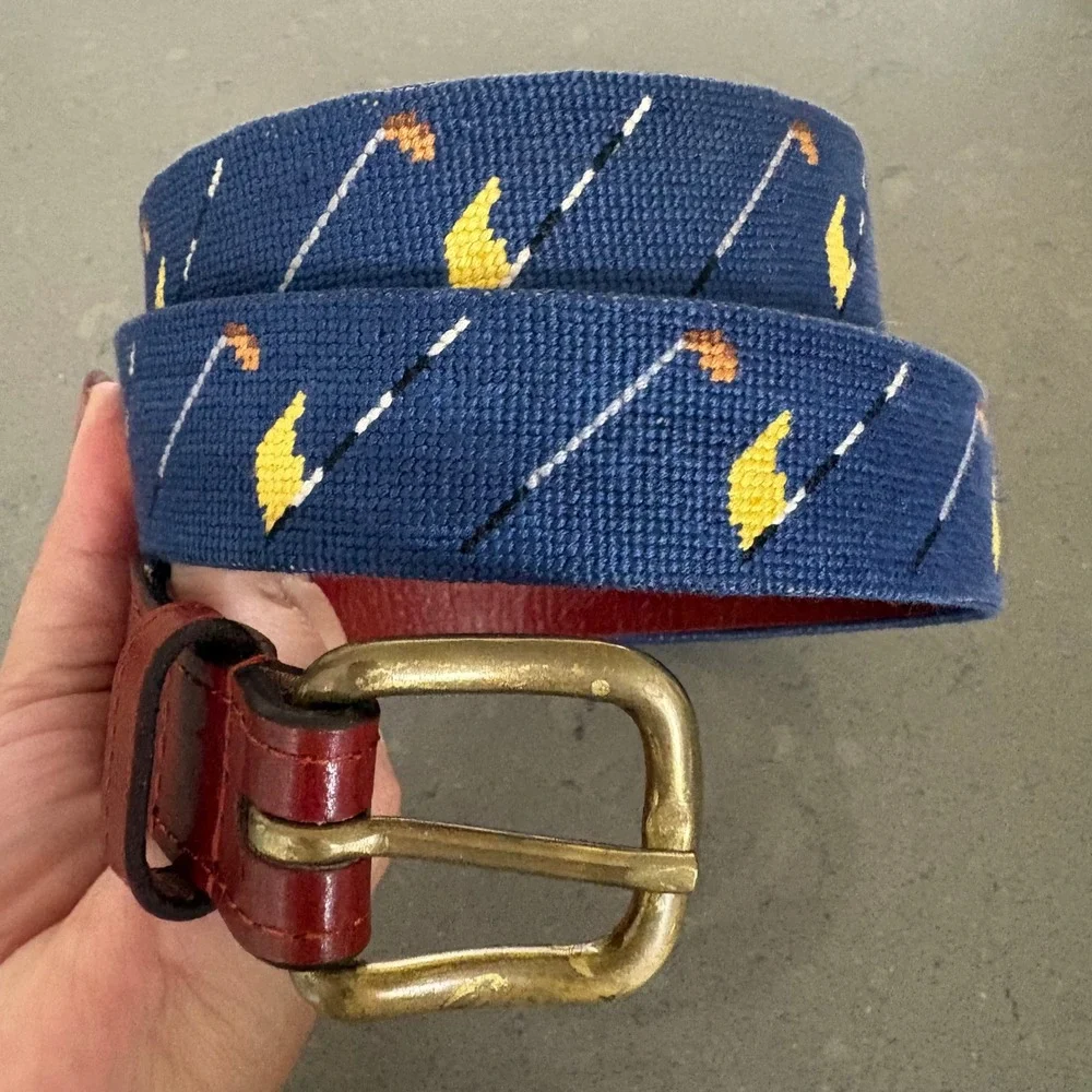 Smathers & Branson Mens Golf Needlepoint Belt Blue Leather Brass Buckle Size 42